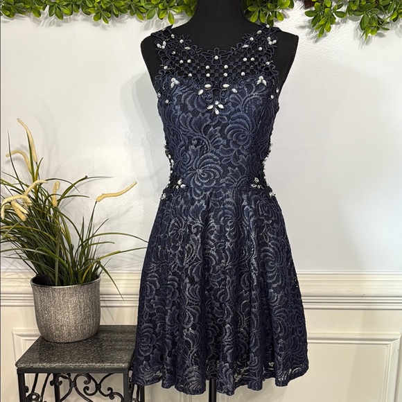 City Studio Dresses & Skirts - ❤️ City StudioNavy Blue Lace Rhinestone Crochet Cutout Sleeveless Dress 5